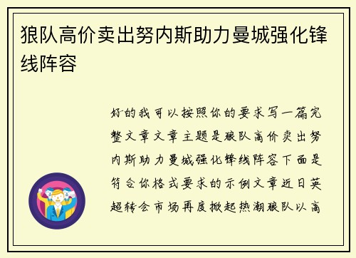 狼队高价卖出努内斯助力曼城强化锋线阵容